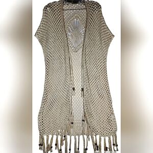 One World Tan Hippie Boho Crocheted Beaded Short Sleeve Cardigan